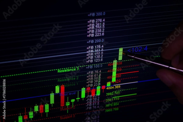 Fototapeta Close-up of candlestick stock chart with resistance and support levels, showing technical analysis for trading and investment strategy.