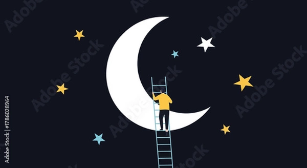 Fototapeta Man climbing ladder to the moon in a starry night sky, symbolizing ambition and dreams.