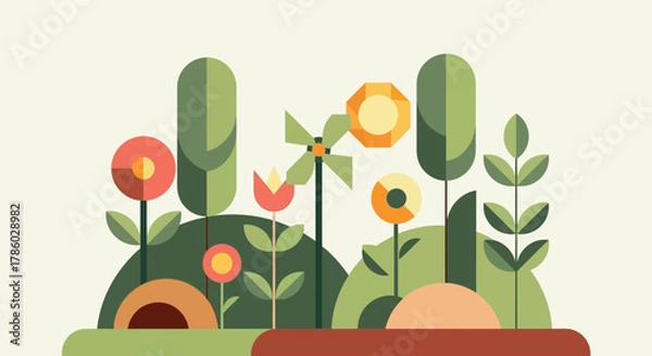 Fototapeta Minimalist Garden Scene with Stylized Plants and Flowers.