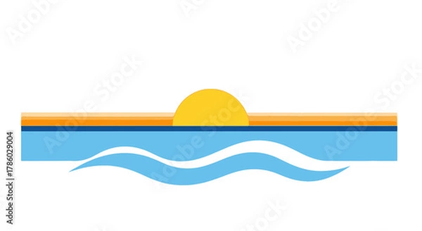 Fototapeta Minimalist Sunset Over Ocean Waves Vector Illustration.