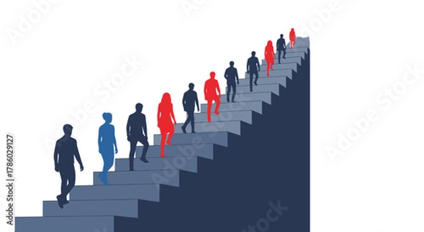 Fototapeta People climbing stairs symbolizing progress and success.