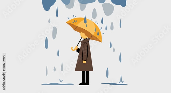 Fototapeta Person with yellow umbrella standing in the rain, minimalist illustration.