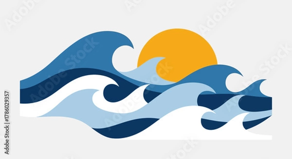 Fototapeta Stylized Ocean Waves and Sun Illustration.