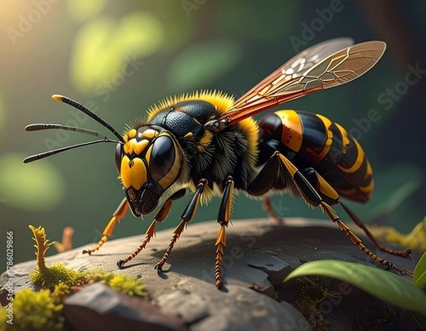 Fototapeta A close-up, detailed shot of a vibrant yellow and black striped insect with large compound eyes, perched on a rock amidst blurred greenery