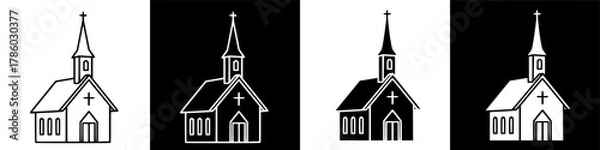 Fototapeta Four variations of a church illustration, showcasing different color inversions and contrasts.