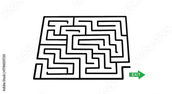 Fototapeta A complex black maze with a green exit arrow on a white background symbolizing a challenge or problem solving