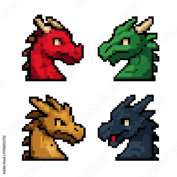 Fototapeta Dragon pixel icons set: simple mythical creature symbols for design
