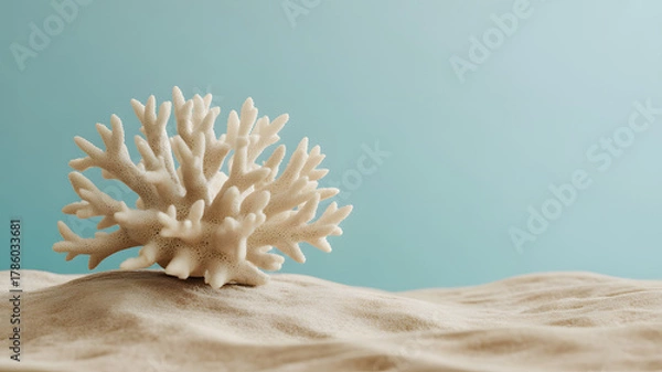 Obraz Elegant White Coral on Sandy Beach with Soft Blue Background, Minimalist Coastal Decor Still Life, Ocean Inspired Art, Summer Vacation Vibes