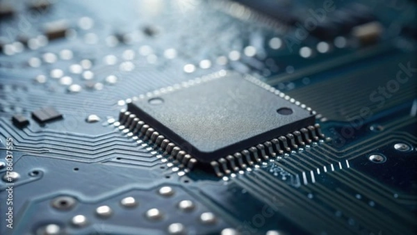 Fototapeta A close-up image of a microchip on a circuit board, showcasing intricate pathways and electronic components.