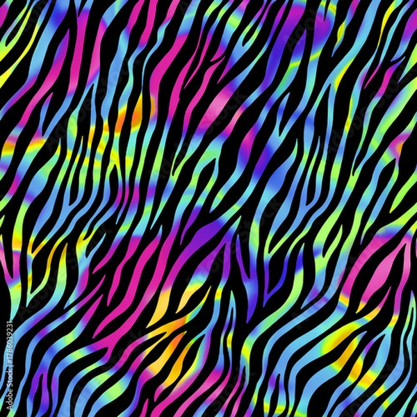 Obraz Zebra rainbow abstract seamless pattern. Neon gradient lines on a black background. Colorful stripes, repeating background. Vector printing for fabrics, posters, banners. 