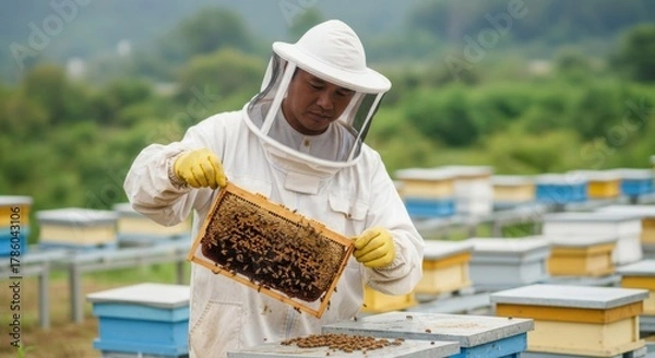 Fototapeta Asian man in protective gear inspecting beehive frame filled with honeycomb, surrounded by apiary with colorful hives, showcasing the art of beekeeping and honey production