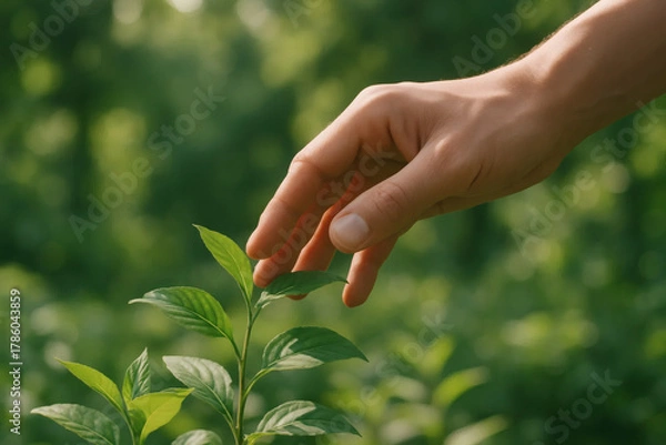 Fototapeta A hand gently touching the leaves of a young plant in a lush green environment, symbolizing care for nature, growth, and environmental sustainability