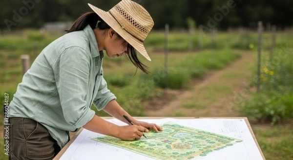 Fototapeta Asian woman in a straw hat is planning a garden layout on a large map, surrounded by lush greenery and garden beds, illustrating sustainable agriculture practices