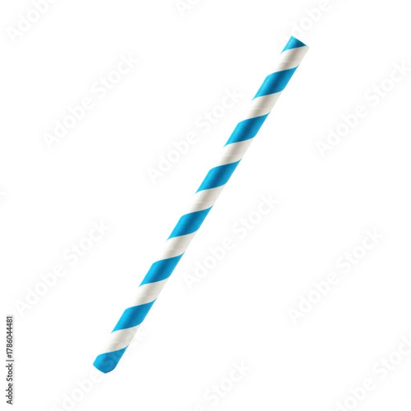 Fototapeta Extreme close-up of a single, blue and white spiral striped paper drinking straw, angled diagonally on a transparent background with high-key lighting, concept for eco-friendly beverage advertising