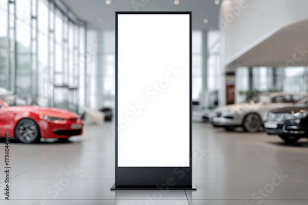 Obraz Vertical blank billboard mockup standing inside a modern car showroom with luxury vehicles in the background — ideal for showcasing automotive promotions, branding, or advertising designs