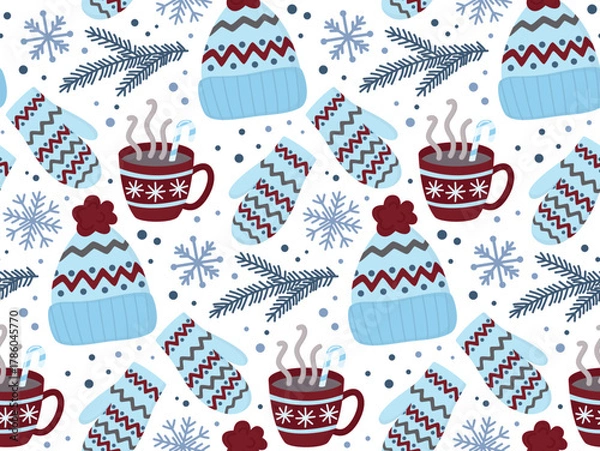 Fototapeta Seamless pattern with steaming cup of hot cocoa, knitted hat, warm mittens, snowflakes and fir branches