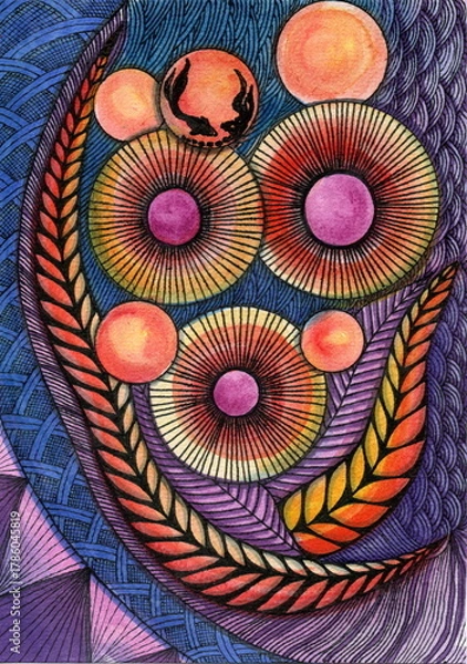 Fototapeta A highly detailed, fantastical abstract pattern that stylizes a cluster of organic forms. The design is executed in a technique similar to Zentangle, with a vibrant color fill.