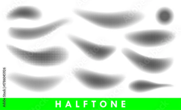 Obraz Vector round halftone gradient textures. Set of halftone dots pattern. Dotted spots in circle silhuettes on white background.