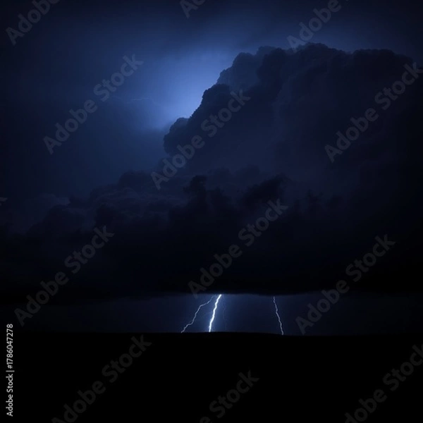 Fototapeta The night was dark, the sky was dark, the clouds were black, and the lightning flashed in a long line.