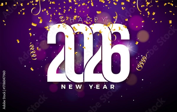 Fototapeta 2026 Happy New Year Greeting Card Design with Typography Lettering and Christmas Ball on Falling Confetti Background. Holiday Illustration with Christmas Ornaments for Calendar, Flyer, Banner