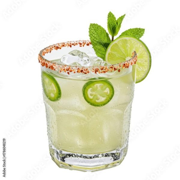 Fototapeta macro view of a spicy margarita in a frosted rocks glass with coarse chili-salt rim, floating jalapeños, lime wheel, and mint sprig against a transparent backdrop. concept for beverage advertising