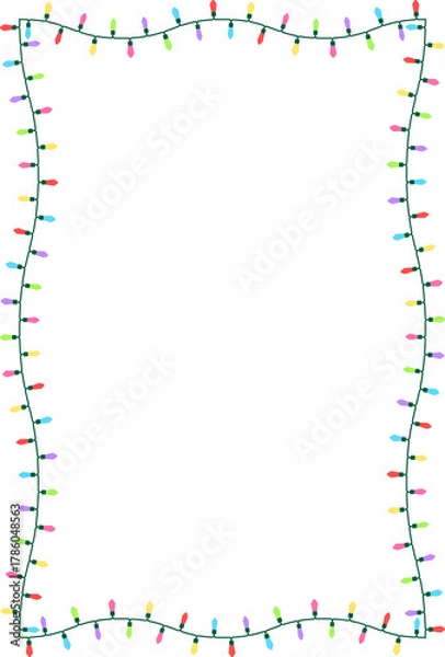 Fototapeta 6色の電球でカラフルなクリスマスライト（String lights）のフレームイラスト。点灯していないバージョン。冬のイベントポスターや、クリスマスカードに最適。電線の細かい形状を再現している。
