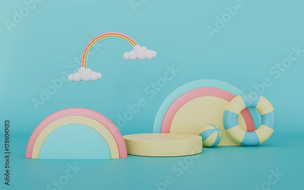 Fototapeta Colorful podium display with hot air balloon, clouds and rainbow, Summer vacation concept