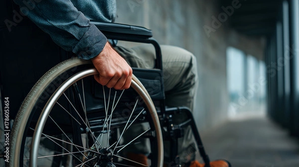 Obraz Close-Up of Person’s Hand on Wheelchair Rim, Concept of Independence, Mobility, and Accessibility, Modern Representation of Disability Confidence and Inclusive Design