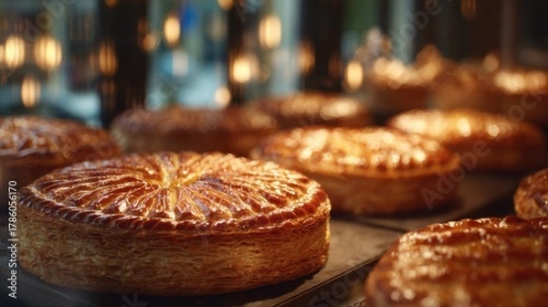 Fototapeta Freshly Baked Galette des Rois Displayed in a Pastry Shop Window for Epiphany Celebration