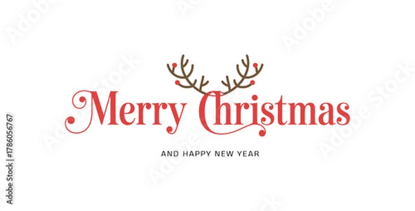 Obraz Red Merry Christmas lettering with antlers. Reindeer horns with hanging ornaments. Great for holiday greeting cards, Christmas gift tags, posters, social media. Transparent background in vector file