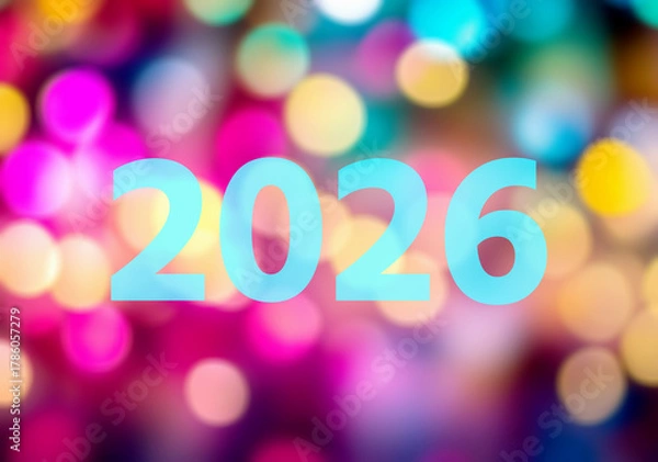 Fototapeta Blue sign 2026 on colourful festive bokeh