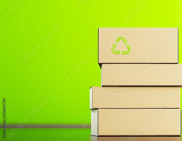 Fototapeta Cardboard boxes with recycling symbol against vibrant green background with copy space
