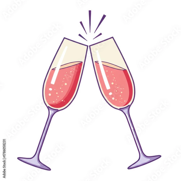 Fototapeta two elegant vector champagne flutes with rosé liquid clinking, highlighted by pale yellow dimension and sharp violet outlines on transparent. concept of festive joy