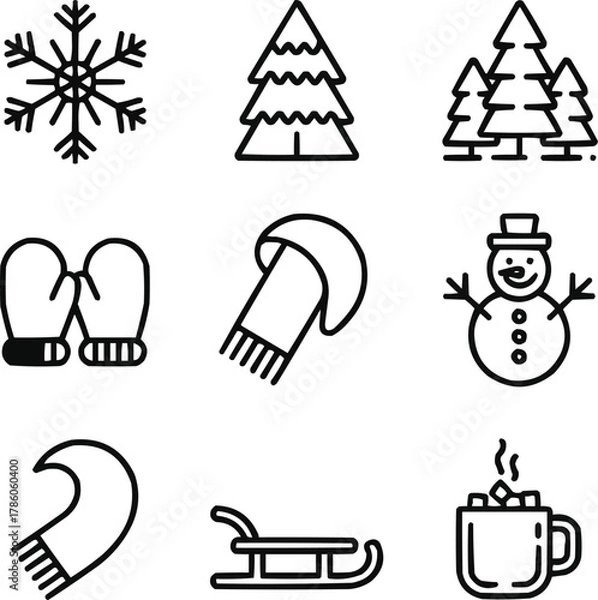 Fototapeta Winter Landscape Outline Icons – Snow, Forest, and Holiday Elements