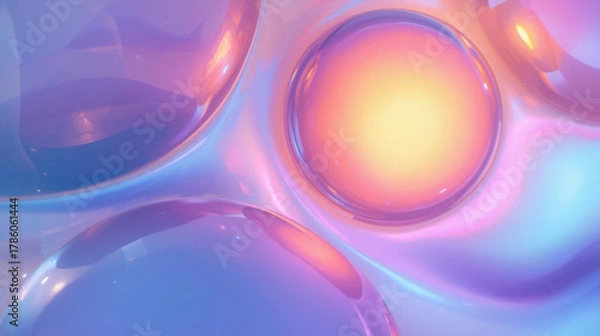 Fototapeta Vibrant iridescent liquid spheres create a mesmerizing abstract background, highlighting glowing organic forms and a futuristic symphony of soft, flowing colors and light