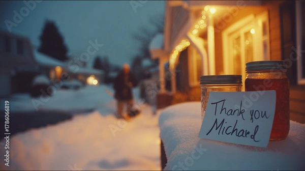 Fototapeta Handwritten Thank You Note and Jam for Neighbor After Snowstorm