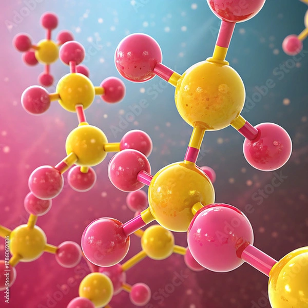 Obraz 3d render of molecule,, Molecules, Pink and yellow molecules, 3d render of molecule pink and yellow of molecule 3d render of molecule