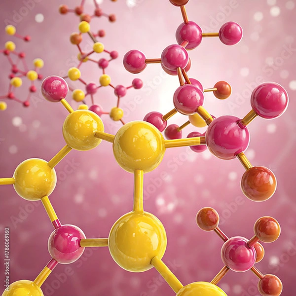 Obraz 3d render of molecule,, Molecules, Pink and yellow molecules, 3d render of molecule pink and yellow of molecule 3d render of molecule