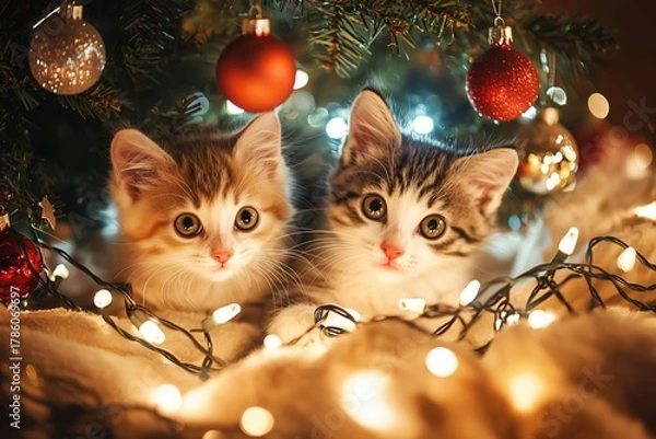 Fototapeta The fluffy cats climbed inside the Christmas tree.