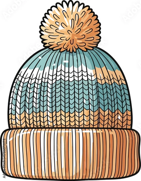 Obraz Colorful knitted winter hat with pompom on a snowy background illustration art