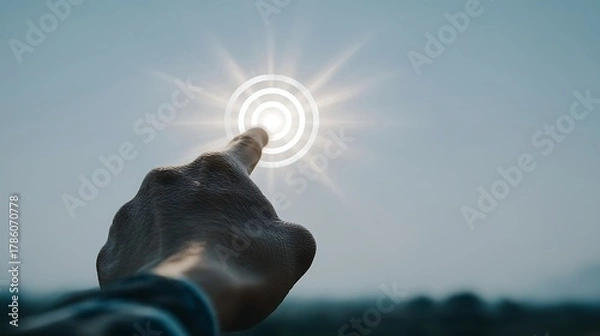 Fototapeta Hand Touching Bright Sunlight in Clear Sky with Lens Flare for Technology and Innovation Concepts