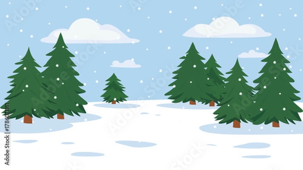 Fototapeta Christmas landscape of a winter forest with beautiful pine trees in snowy weather. Winter nature background, vector illustration.