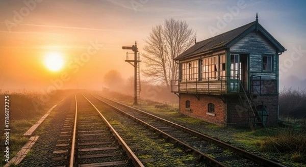 Obraz Old Railway Signal Box at Sunrise with Foggy Tracks.