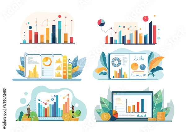 Fototapeta Flat vector illustration of charts and graphs in the background