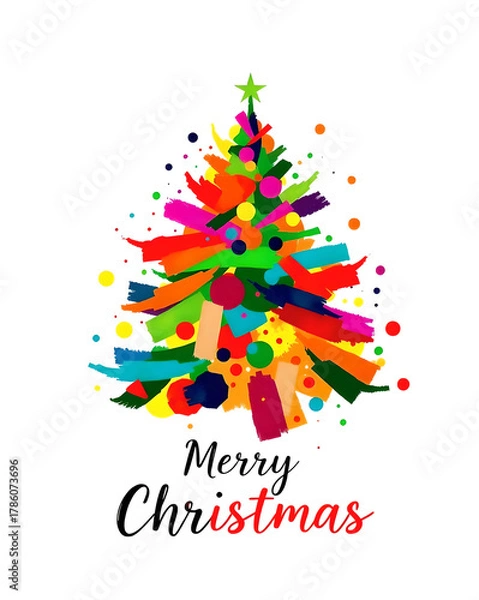 Fototapeta Artistic Paint Splat Christmas Tree Illustration with “Merry Christmas” Text