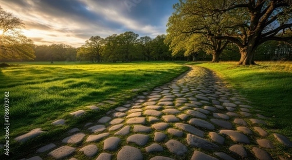 Obraz Scenic Cobblestone Path Winding Through Lush Green Meadow at Sunset.