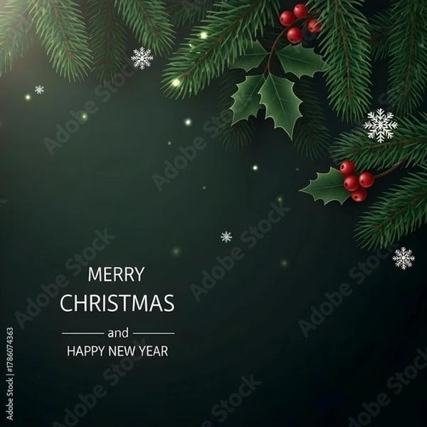 Fototapeta Dark Fir Branch Christmas Background with “Merry Christmas and Happy New Year” Text