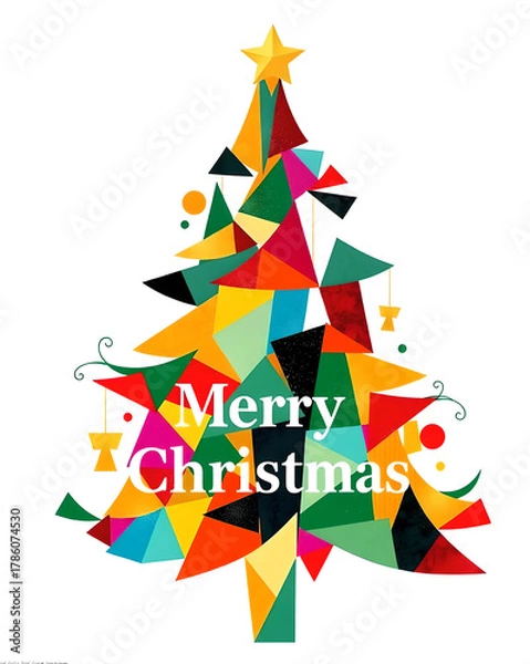 Fototapeta Colorful Cubism Christmas Tree with “Merry Christmas” Text Overlay