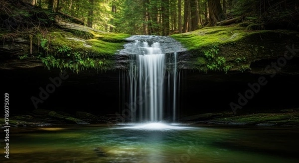 Obraz Serene Waterfall Cascading into a Lush Forest Pool.