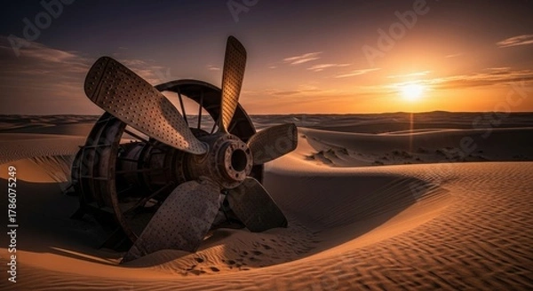 Obraz Shipwreck Propeller Washed Ashore on Sandy Beach at Sunset.